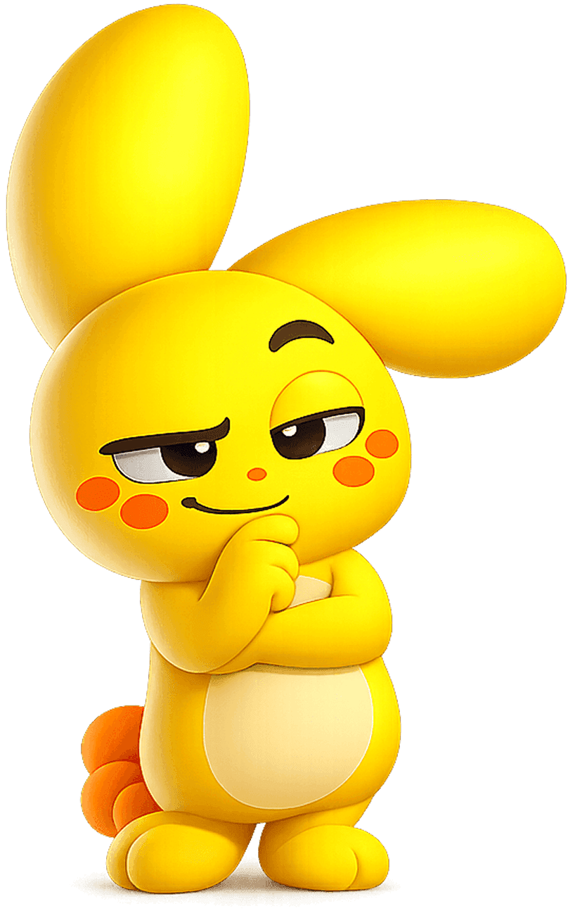 Mimik mascot with a knowing smirk